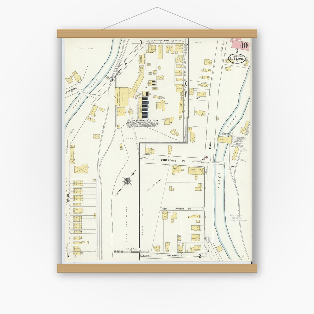 Old map wall art mockup — magnetic wood frame on white wall — Sanborn Fire Insurance Map from Luzerne, Luzerne County, Pennsylvania (1911), Sheet #0010