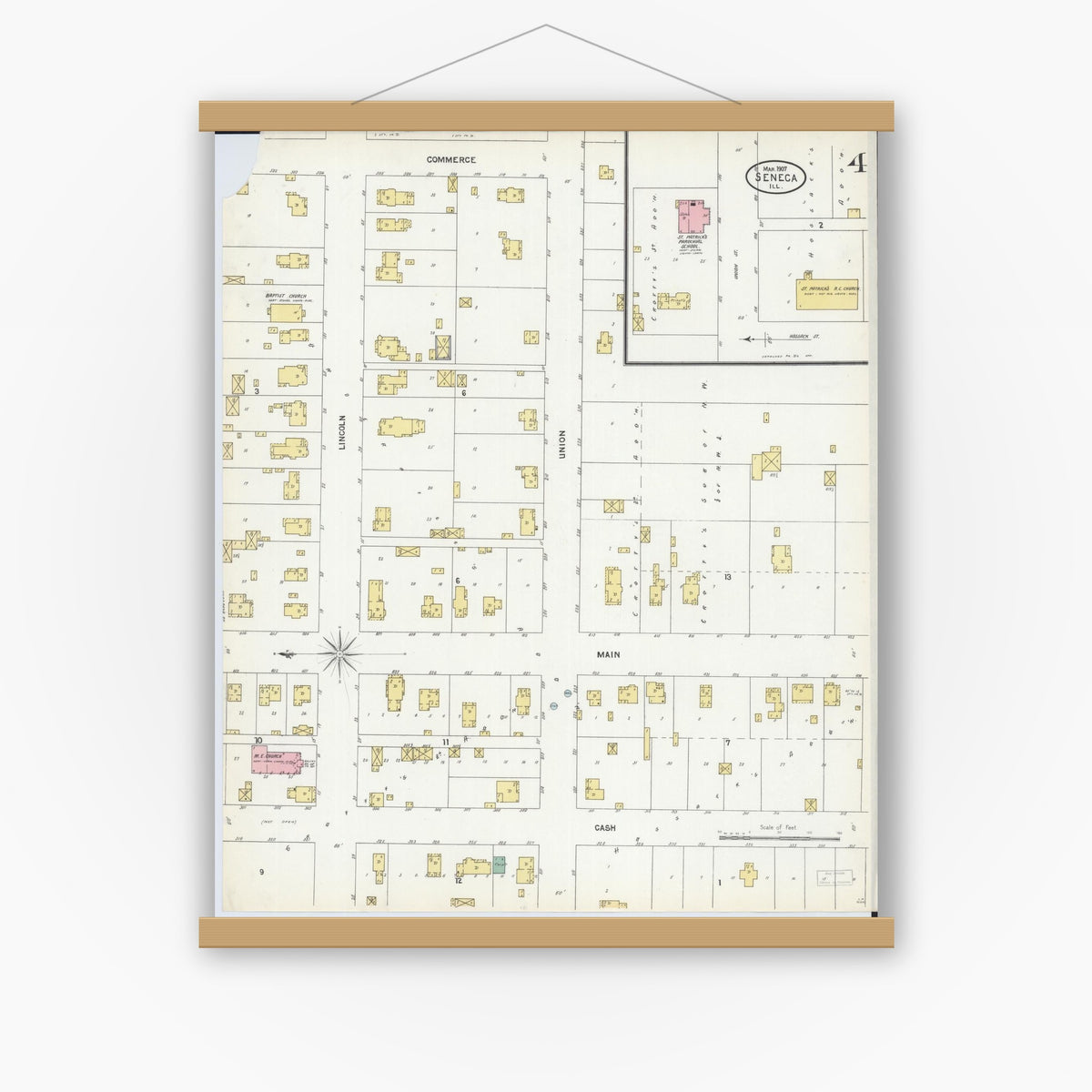 Old map wall art mockup — magnetic wood frame on white wall — Sanborn Fire Insurance Map from Seneca, La Salle County, Illinois (1907), Sheet #0004