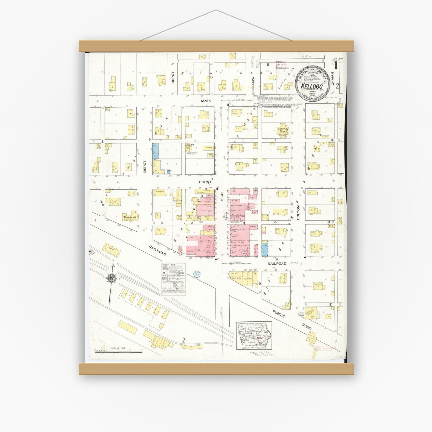 Old map wall art mockup — magnetic wood frame on white wall — Sanborn Fire Insurance Map from Kellogg, Jasper County, Iowa (1916) â€” Complete Set
