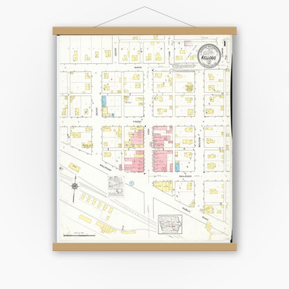 Old map wall art mockup — magnetic wood frame on white wall — Sanborn Fire Insurance Map from Kellogg, Jasper County, Iowa (1916) â€” Complete Set