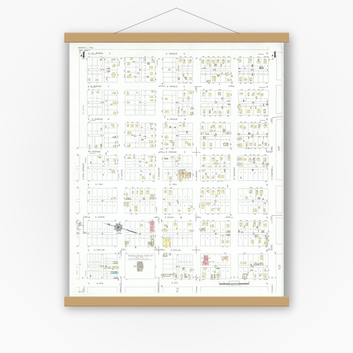 Old map wall art mockup — magnetic wood frame on white wall — Sanborn Fire Insurance Map from Kermit, Winkler County, Texas (1946), Sheet #0004