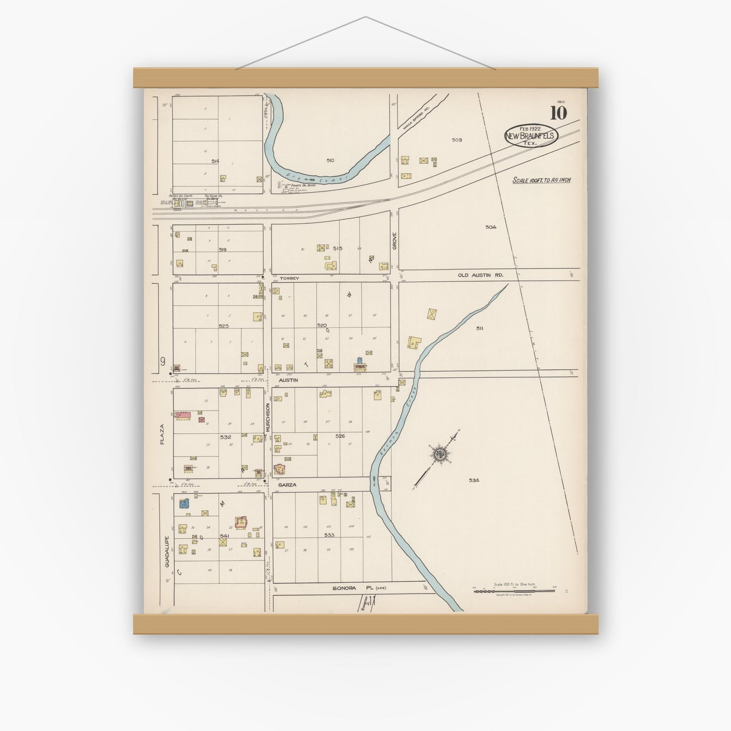 Old map wall art mockup — magnetic wood frame on white wall — Sanborn Fire Insurance Map from New Braunfels, Comal County, Texas (1922), Sheet #0010