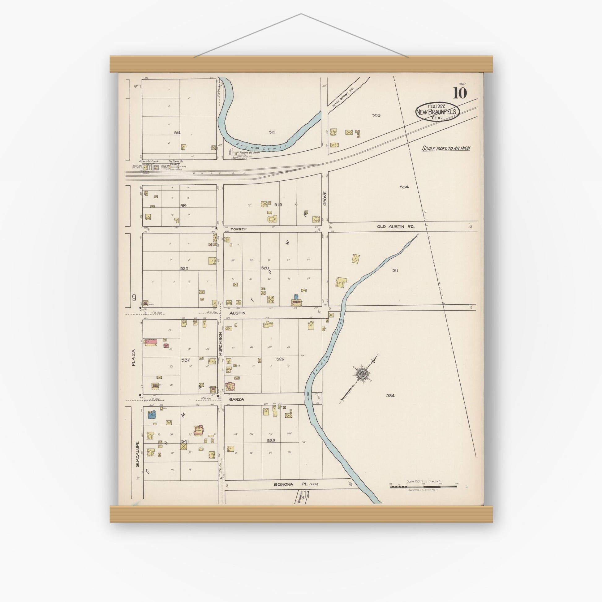 Old map wall art mockup — magnetic wood frame on white wall — Sanborn Fire Insurance Map from New Braunfels, Comal County, Texas (1922), Sheet #0010