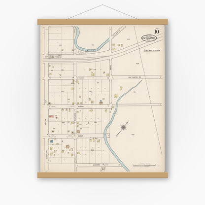 Old map wall art mockup — magnetic wood frame on white wall — Sanborn Fire Insurance Map from New Braunfels, Comal County, Texas (1922), Sheet #0010