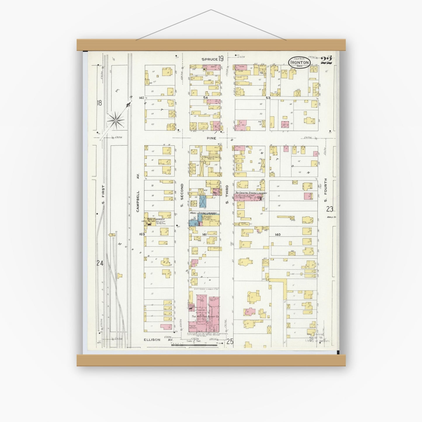 Old map wall art mockup — magnetic wood frame on white wall — Sanborn Fire Insurance Map from Ironton, Lawrence County, Ohio (1909), Sheet #0022