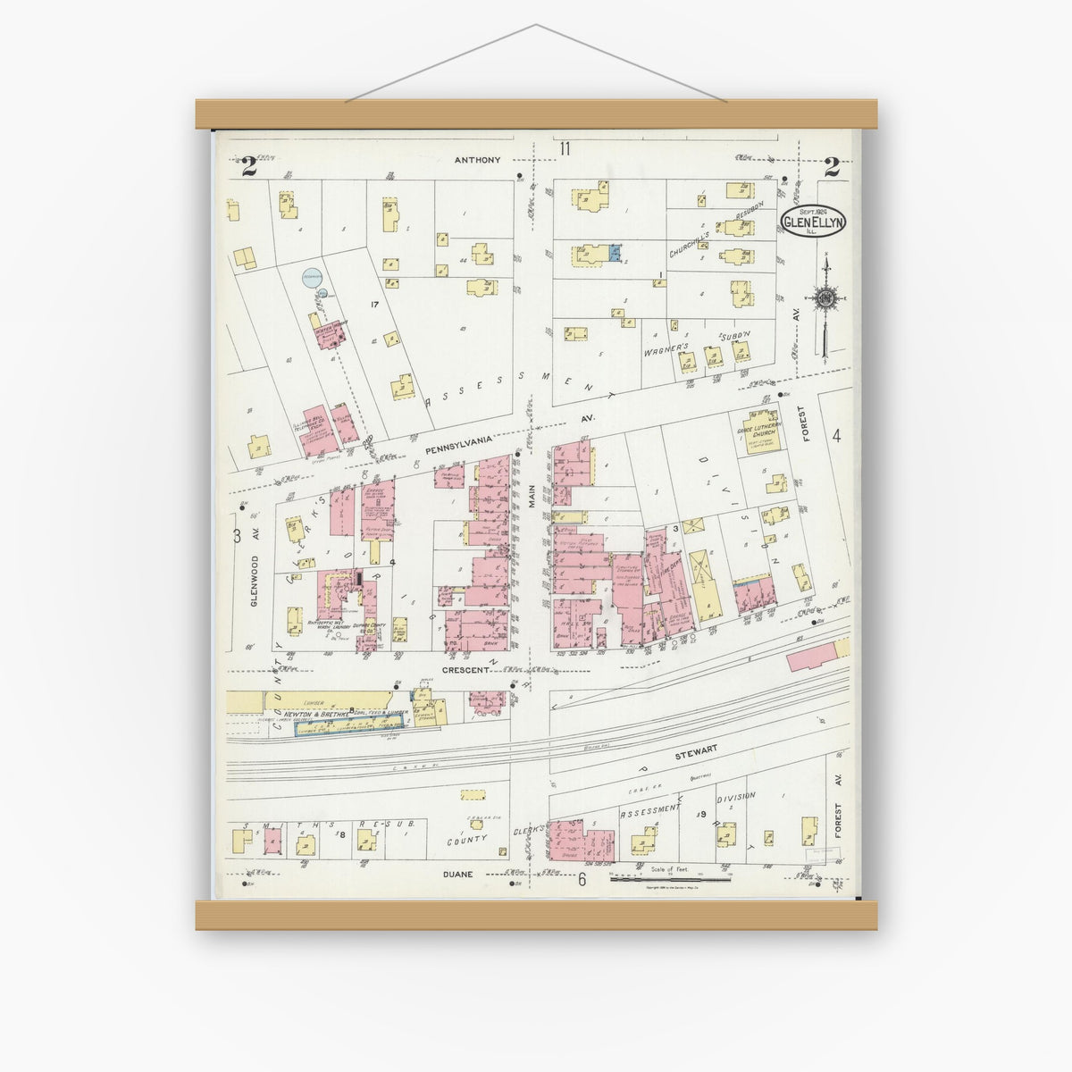 Old map wall art mockup — magnetic wood frame on white wall — Sanborn Fire Insurance Map from Glen Ellyn, Du Page County, Illinois (1924), Sheet #0002