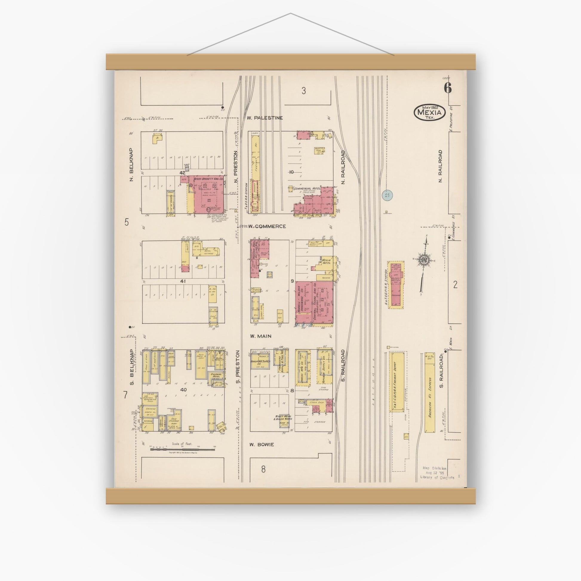 Old map wall art mockup — magnetic wood frame on white wall — Sanborn Fire Insurance Map from Mexia, Limestone County, Texas (1922), Sheet #0006