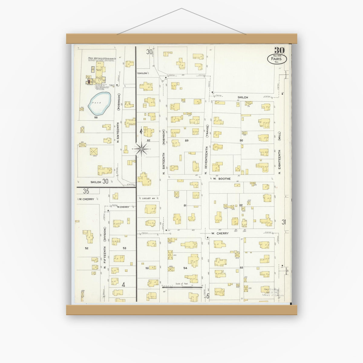 Old map wall art mockup — magnetic wood frame on white wall — Sanborn Fire Insurance Map from Paris, Lamar County, Texas (1908), Sheet #0030