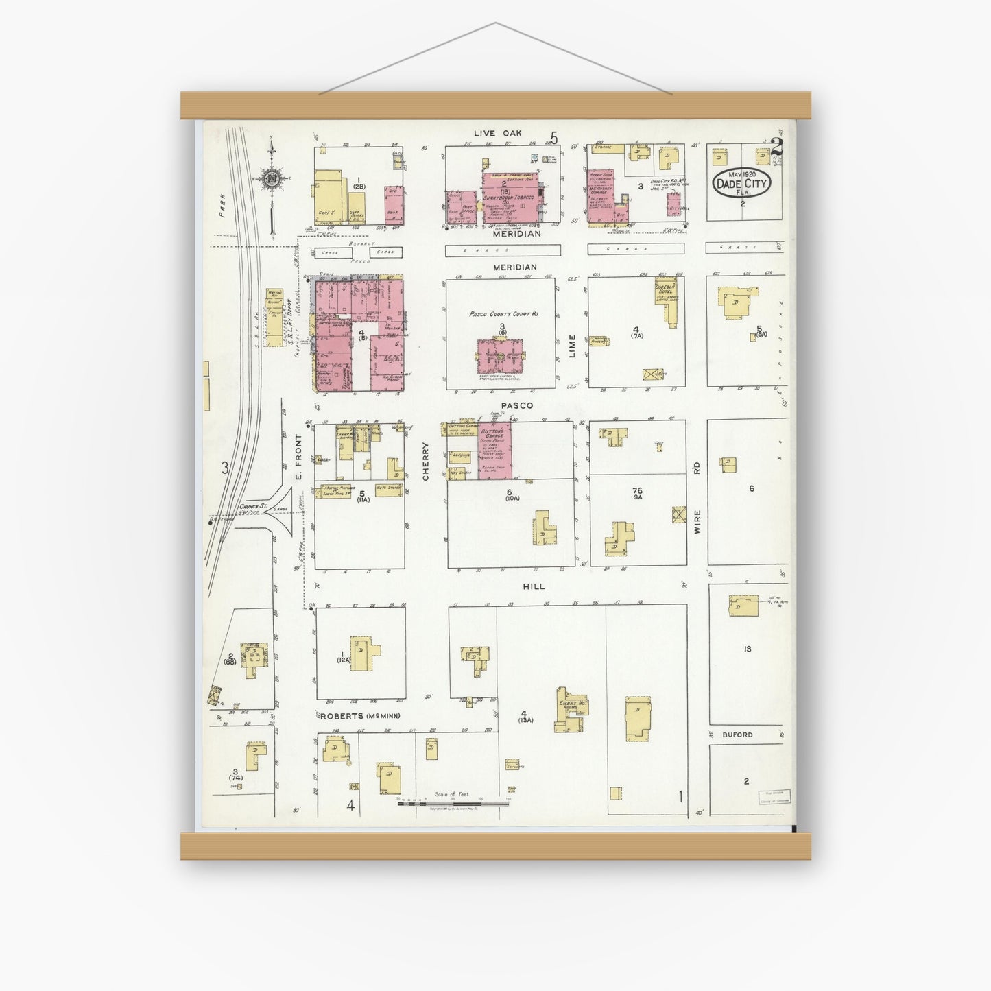 Old map wall art mockup — magnetic wood frame on white wall — Sanborn Fire Insurance Map from Dade City, Pasco County, Florida (1920), Sheet #0002