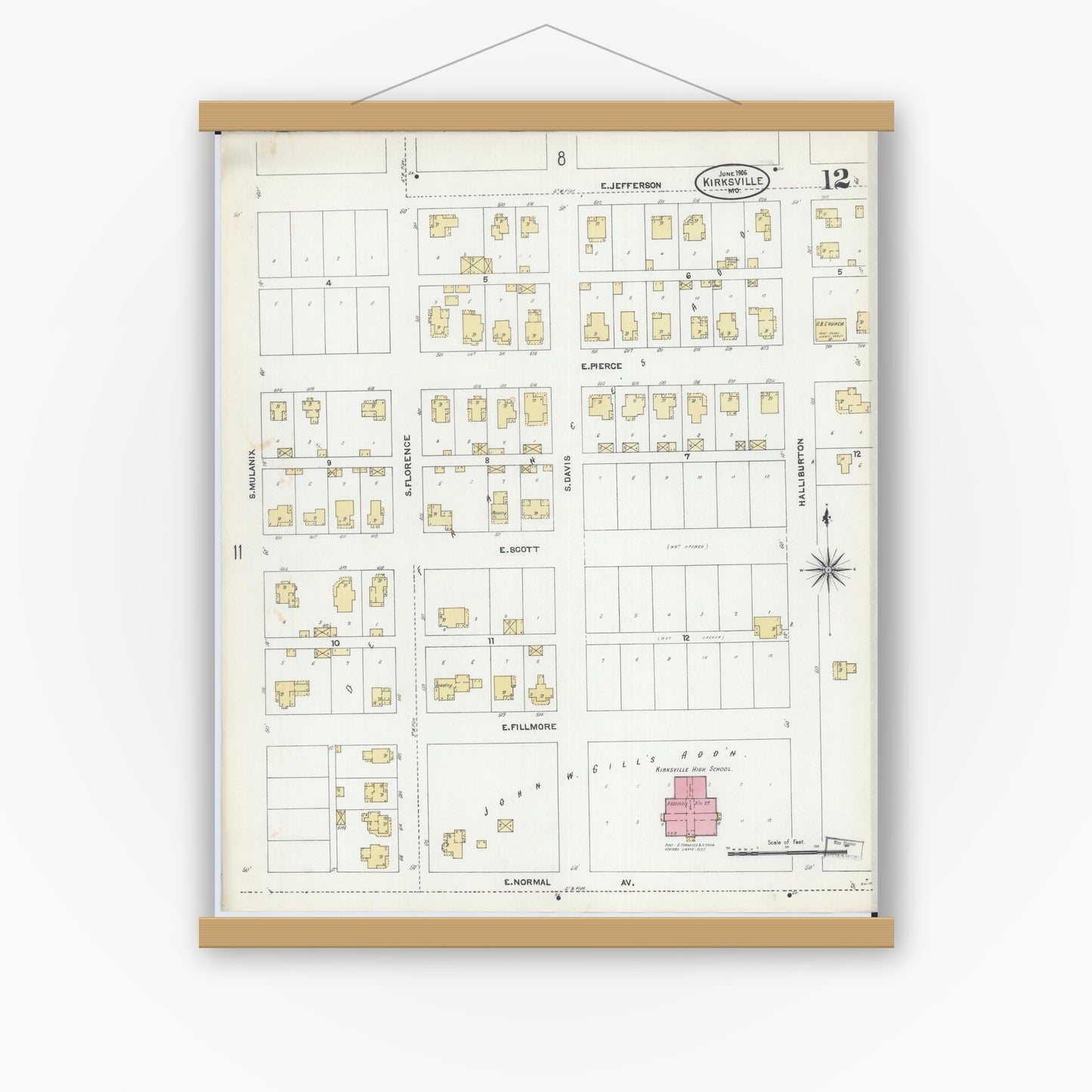 Old map wall art mockup — magnetic wood frame on white wall — Sanborn Fire Insurance Map from Kirksville, Adair County, Missouri (1906), Sheet #0012