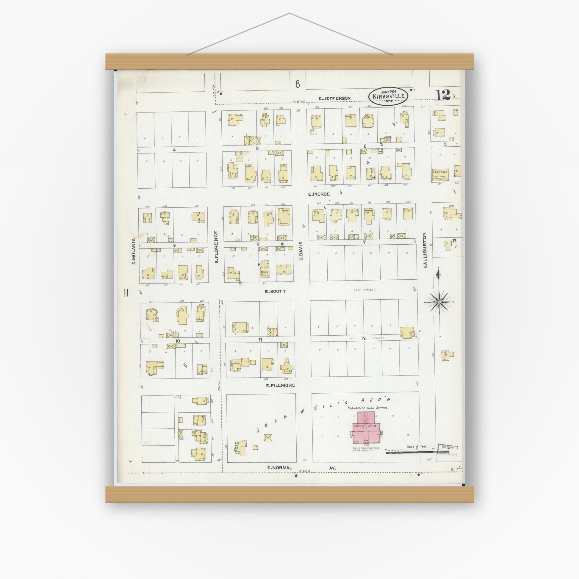 Old map wall art mockup — magnetic wood frame on white wall — Sanborn Fire Insurance Map from Kirksville, Adair County, Missouri (1906), Sheet #0012