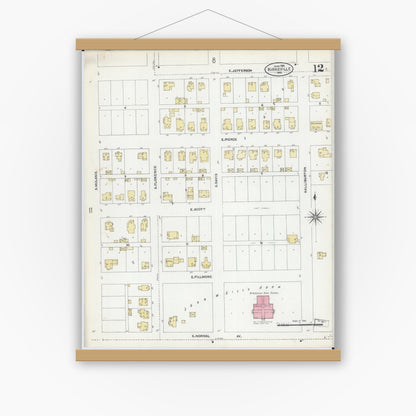 Old map wall art mockup — magnetic wood frame on white wall — Sanborn Fire Insurance Map from Kirksville, Adair County, Missouri (1906), Sheet #0012