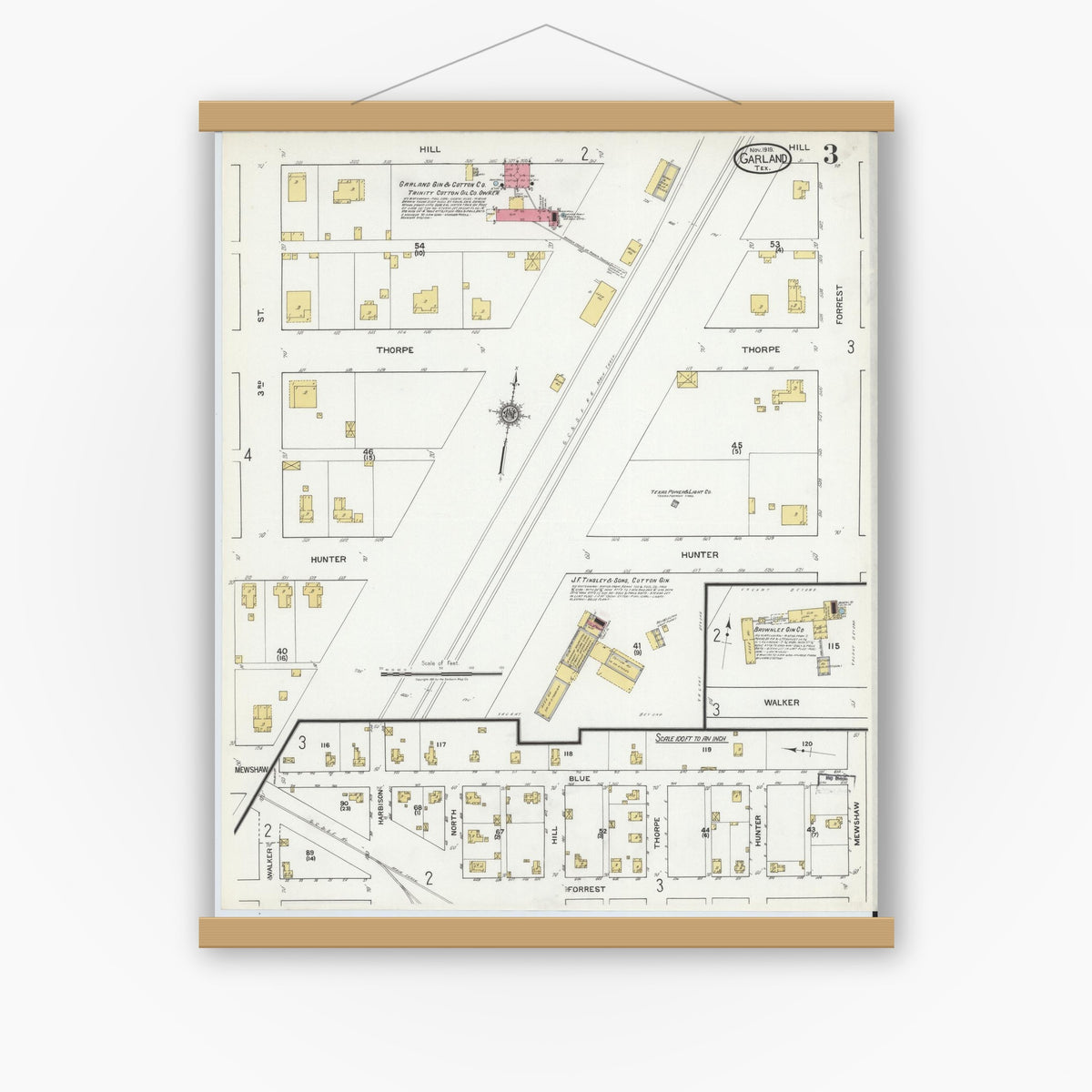 Old map wall art mockup — magnetic wood frame on white wall — Sanborn Fire Insurance Map from Garland, Dallas County, Texas (1919), Sheet #0003