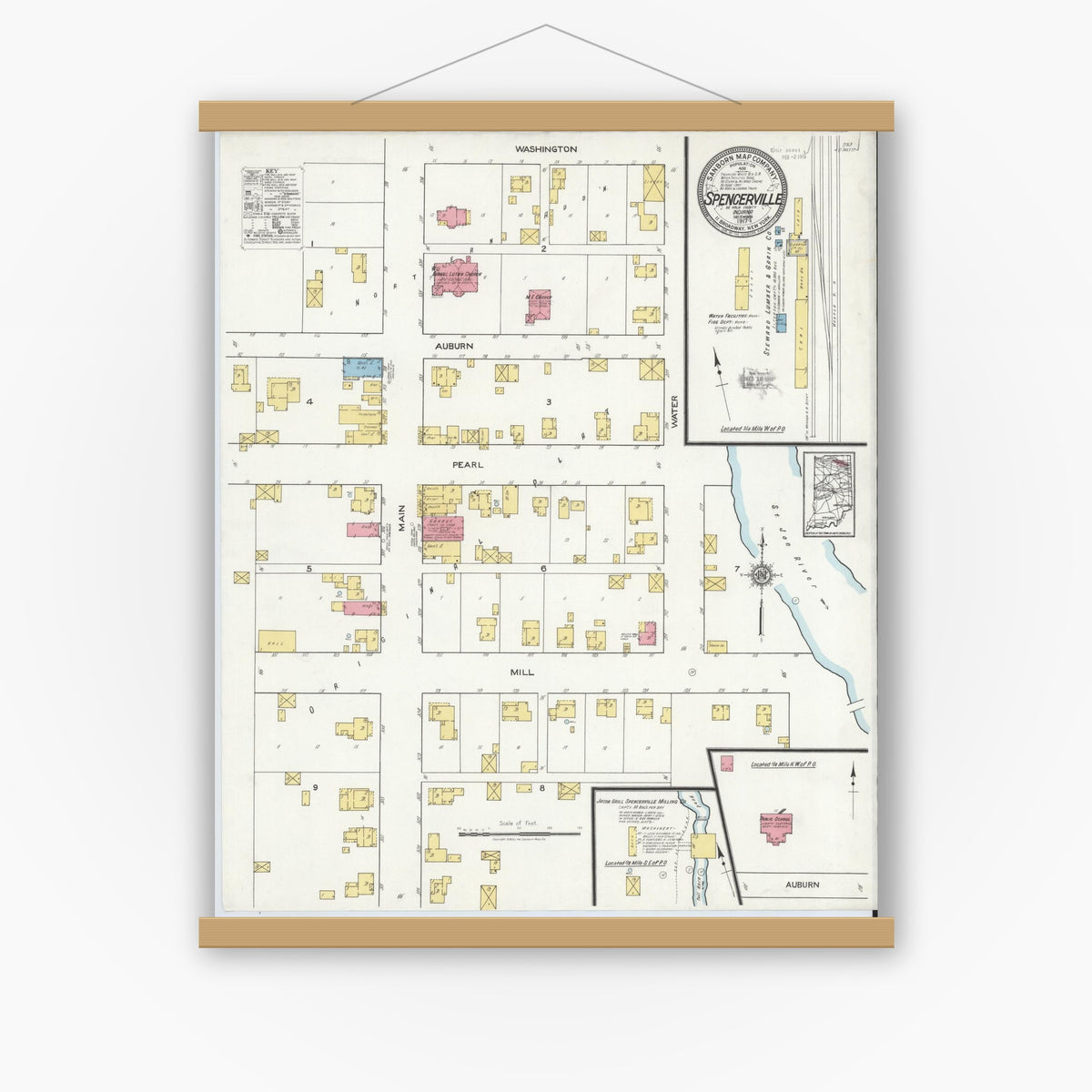 Old map wall art mockup — magnetic wood frame on white wall — Sanborn Fire Insurance Map from Spencerville, De Kalb County, Indiana (1917), Sheet #0001