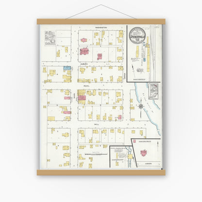 Old map wall art mockup — magnetic wood frame on white wall — Sanborn Fire Insurance Map from Spencerville, De Kalb County, Indiana (1917), Sheet #0001