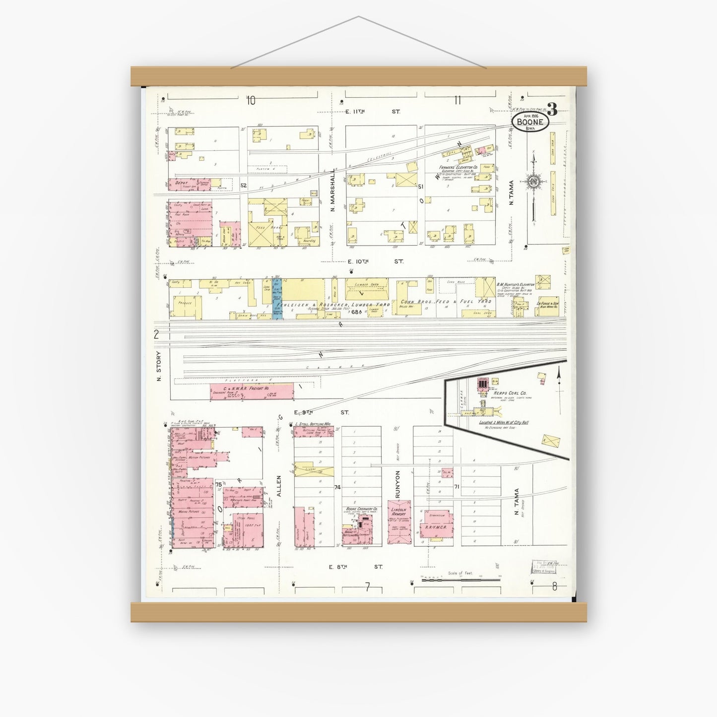 Old map wall art mockup — magnetic wood frame on white wall — Sanborn Fire Insurance Map from Boone, Boone County, Iowa (1916), Sheet #0003