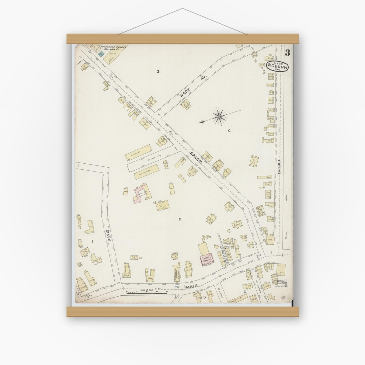 Old map wall art mockup — magnetic wood frame on white wall — Sanborn Fire Insurance Map from Woburn, Middlesex County, Massachusetts (1888), Sheet #0003