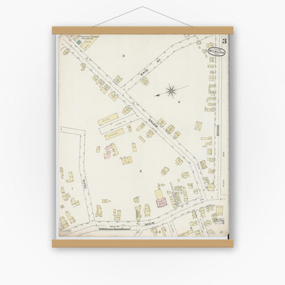 Old map wall art mockup — magnetic wood frame on white wall — Sanborn Fire Insurance Map from Woburn, Middlesex County, Massachusetts (1888), Sheet #0003