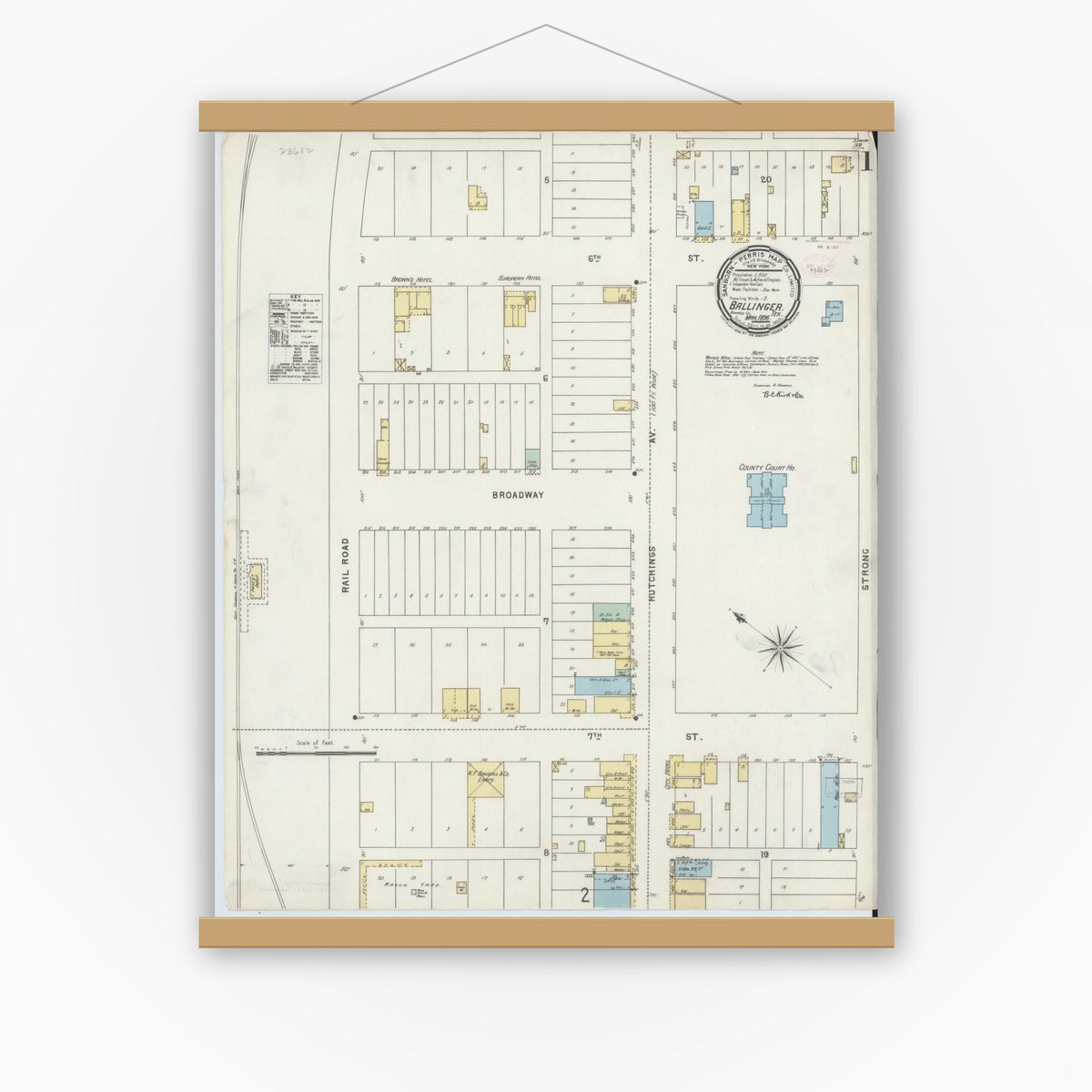Old map wall art mockup — magnetic wood frame on white wall — Sanborn Fire Insurance Map from Ballinger, Runnels County, Texas (1896) - Complete Map Set