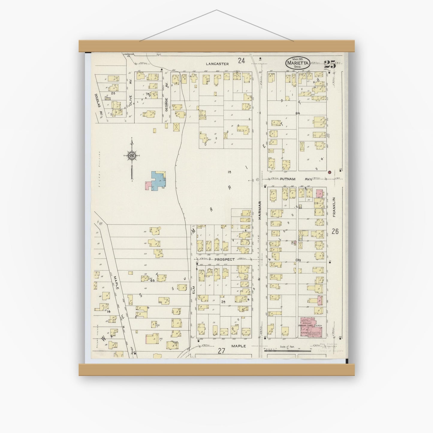 Old map wall art mockup — magnetic wood frame on white wall — Sanborn Fire Insurance Map from Marietta, Washington County, Ohio (1915), Sheet #0025