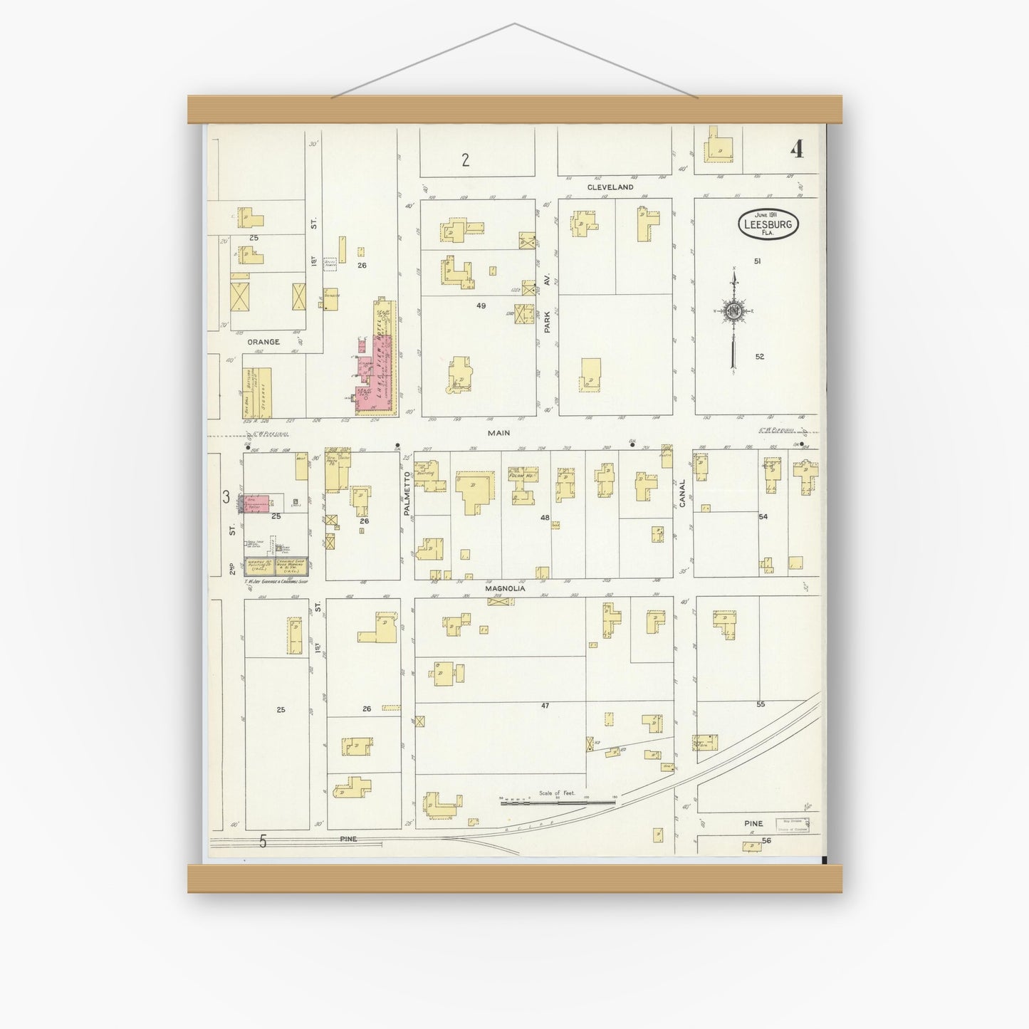 Old map wall art mockup — magnetic wood frame on white wall — Sanborn Fire Insurance Map from Leesburg, Lake County, Florida (1911), Sheet #0004