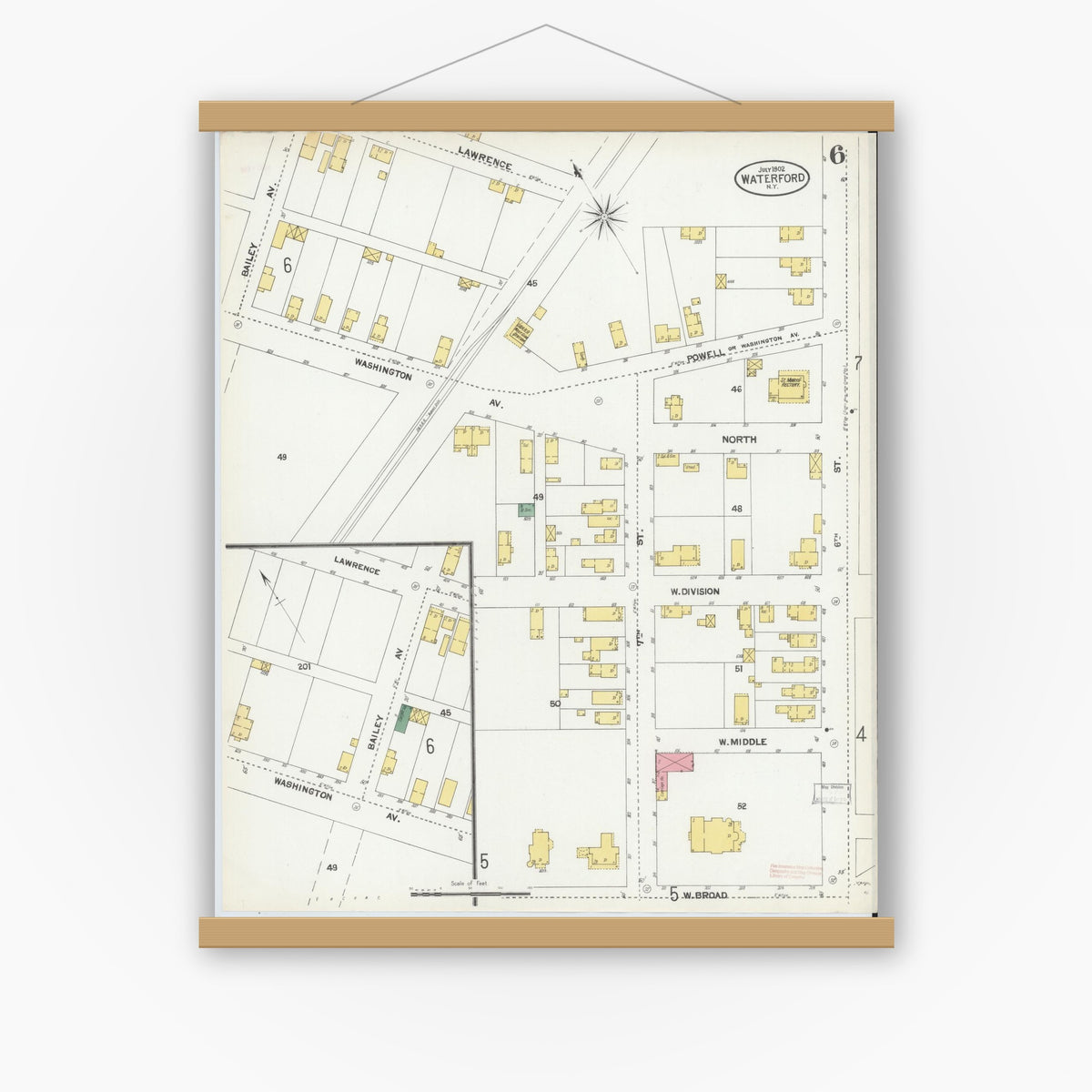 Old map wall art mockup — magnetic wood frame on white wall — Sanborn Fire Insurance Map from Waterford, Saratoga County, New York (1902), Sheet #0006