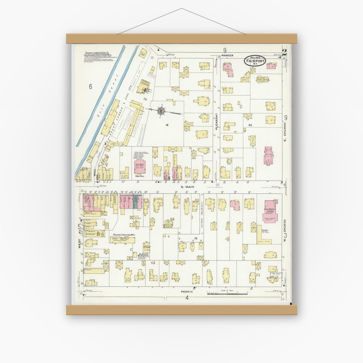 Old map wall art mockup — magnetic wood frame on white wall — Sanborn Fire Insurance Map from Fairport, Monroe County, New York (1909), Sheet #0002