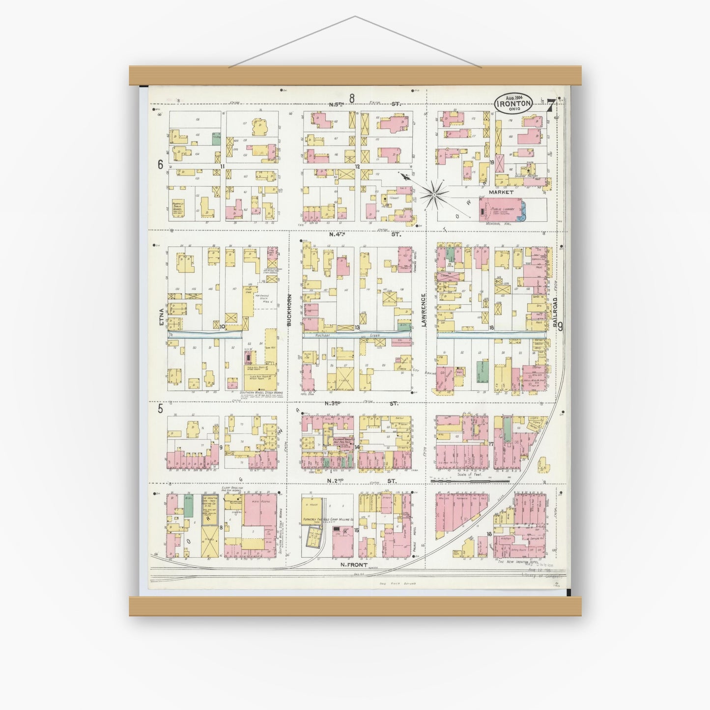 Old map wall art mockup — magnetic wood frame on white wall — Sanborn Fire Insurance Map from Ironton, Lawrence County, Ohio (1904), Sheet #0007