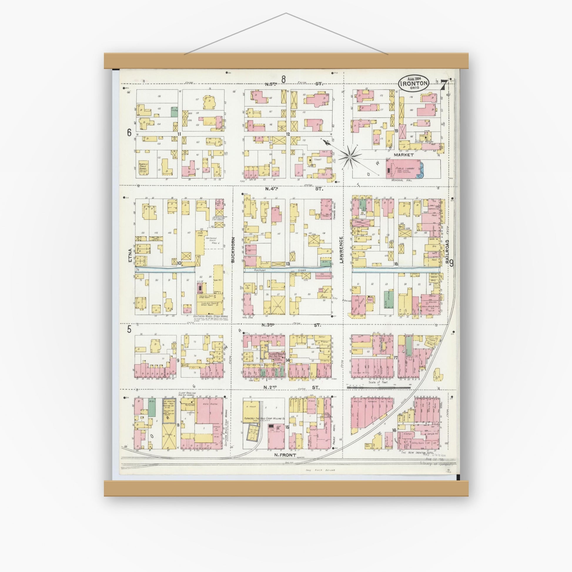 Old map wall art mockup — magnetic wood frame on white wall — Sanborn Fire Insurance Map from Ironton, Lawrence County, Ohio (1904), Sheet #0007