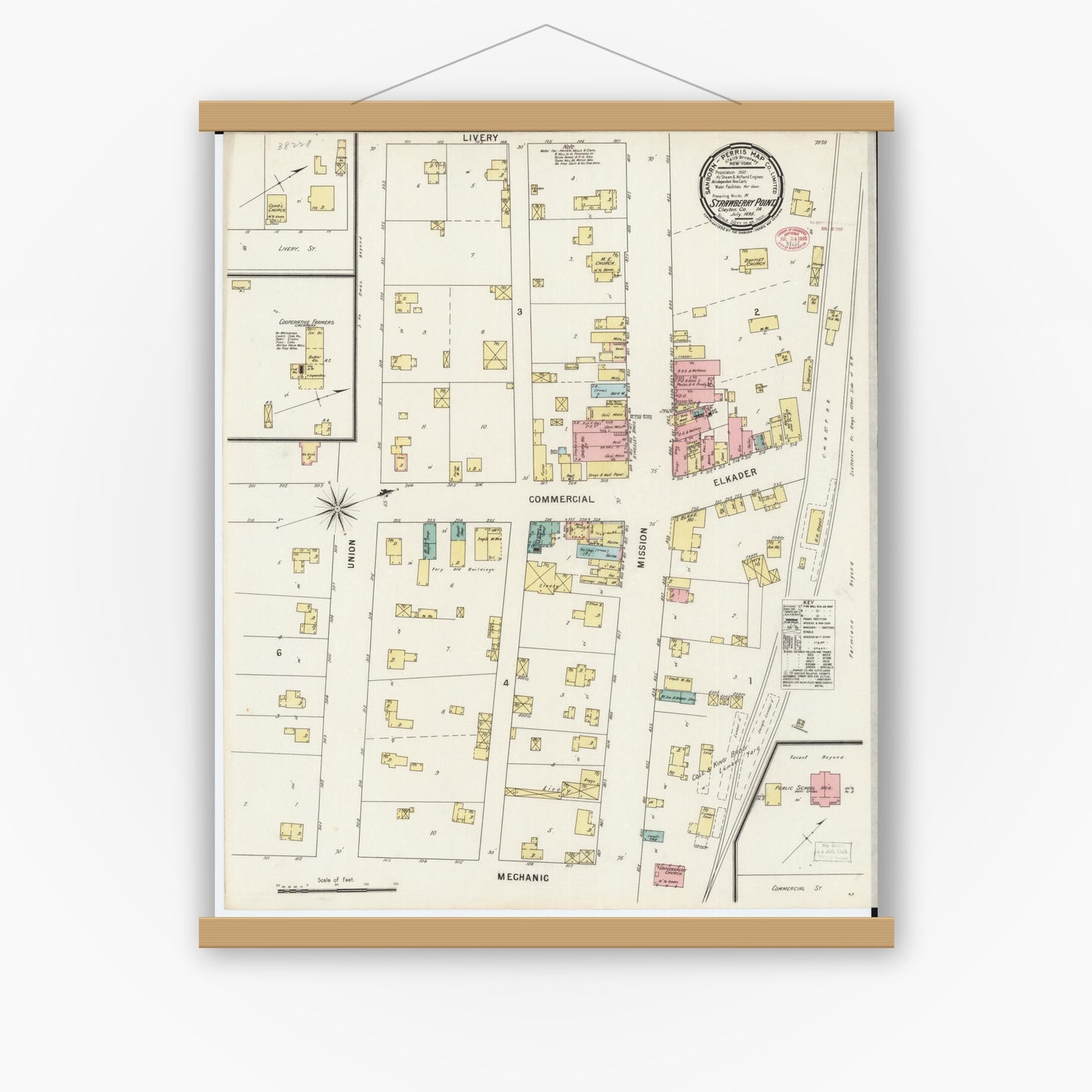 Old map wall art mockup — magnetic wood frame on white wall — Sanborn Fire Insurance Map from Strawberry Point, Clayton County, Iowa (1895), Sheet #0001