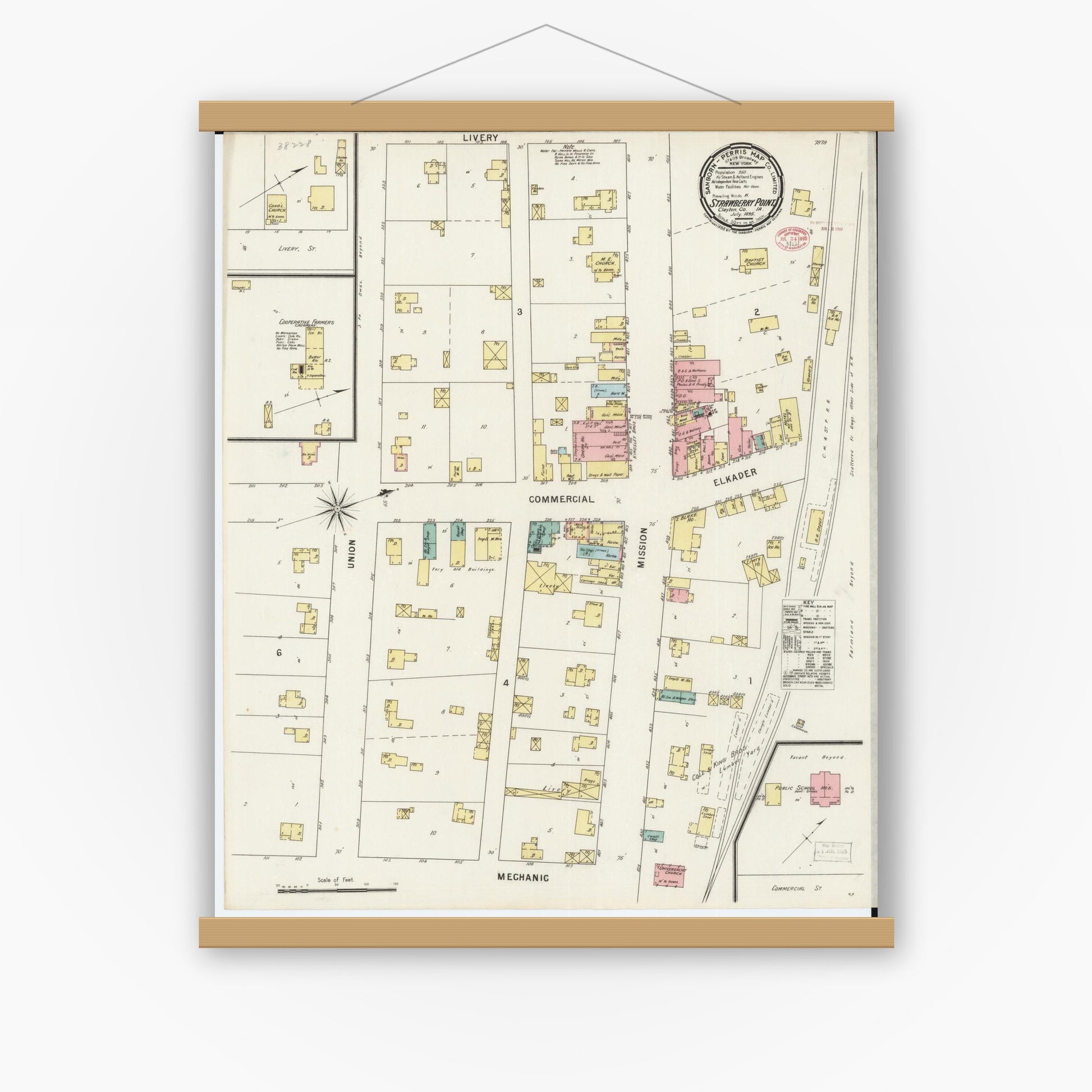 Old map wall art mockup — magnetic wood frame on white wall — Sanborn Fire Insurance Map from Strawberry Point, Clayton County, Iowa (1895), Sheet #0001