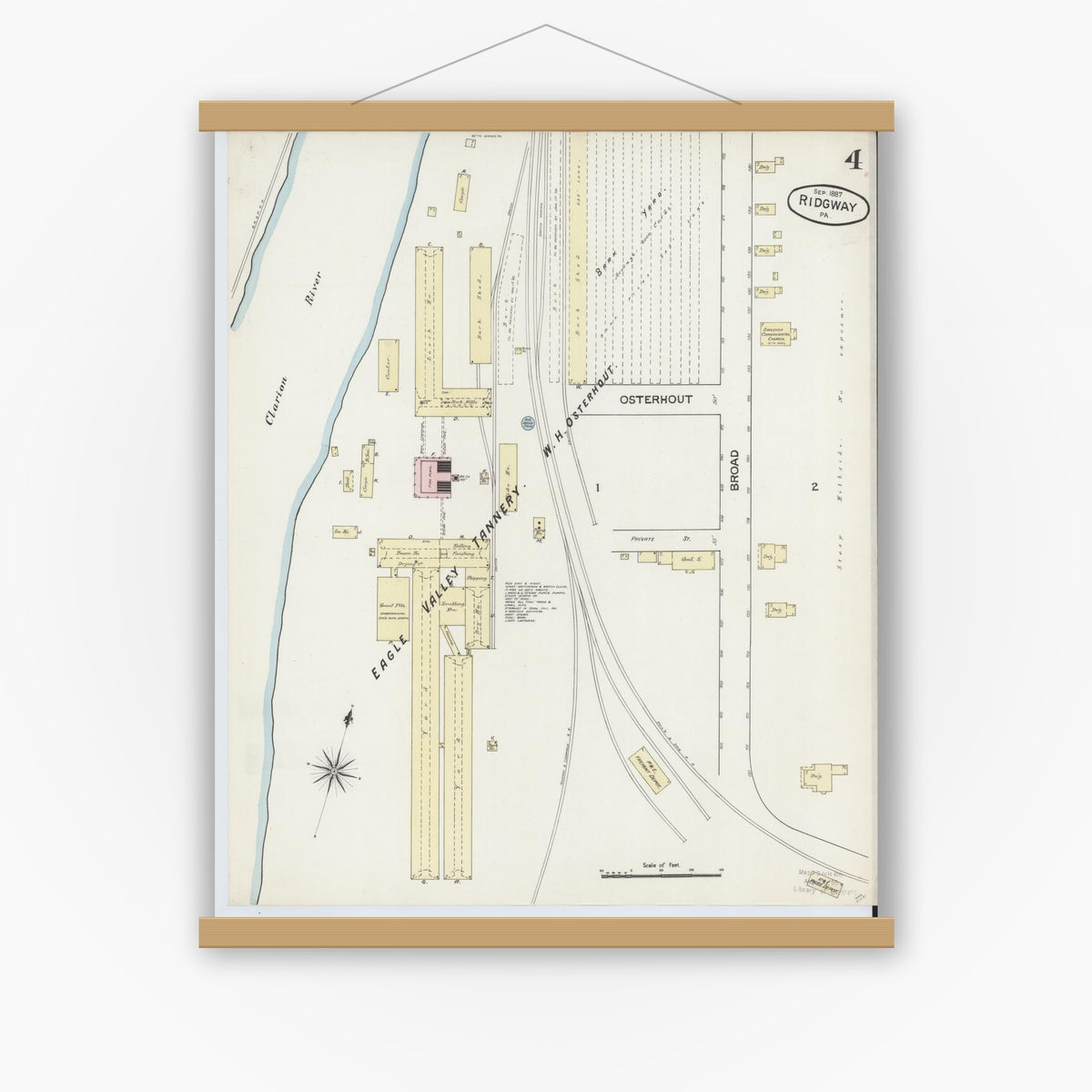 Old map wall art mockup — magnetic wood frame on white wall — Sanborn Fire Insurance Map from Ridgway, Elk County, Pennsylvania (1887), Sheet #0004