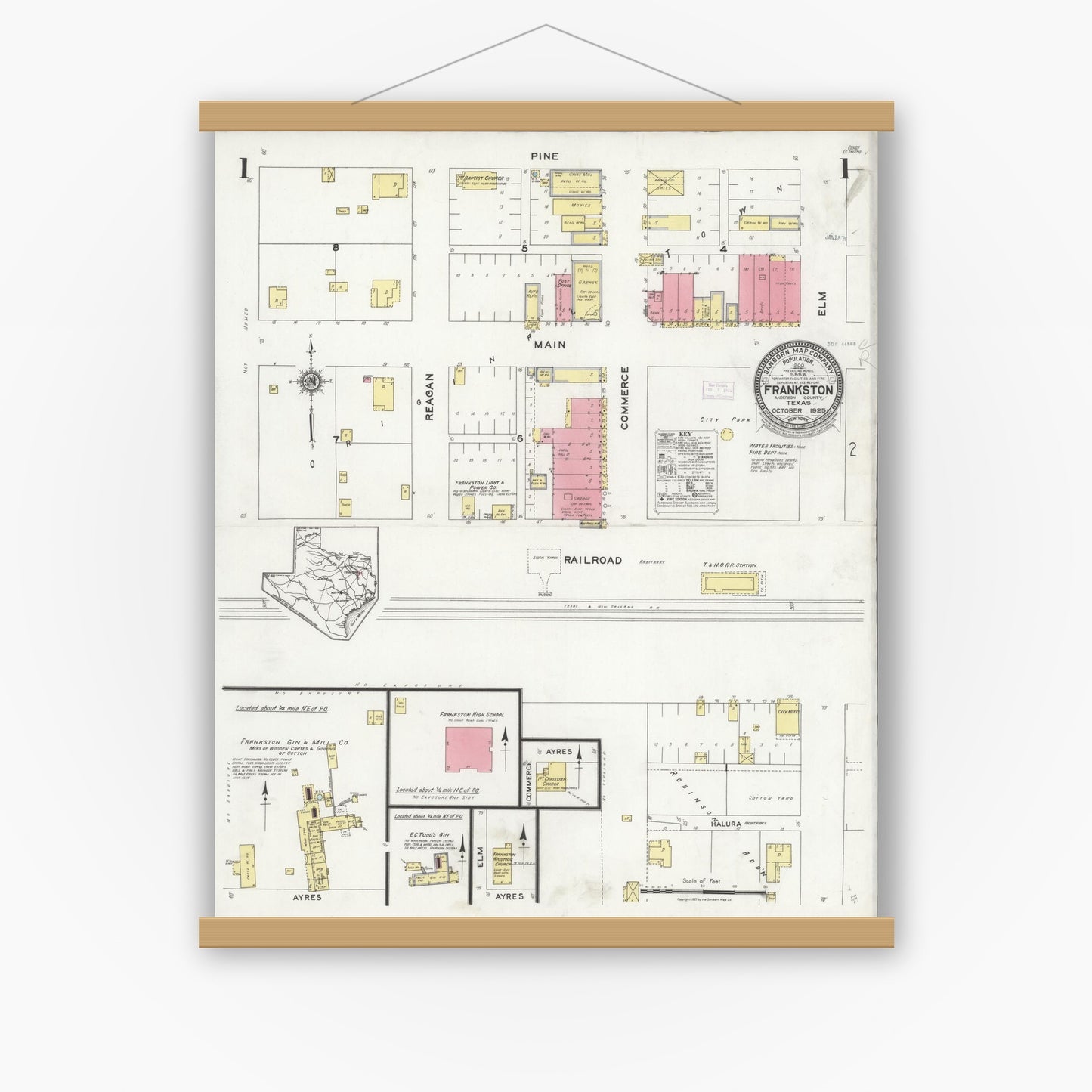 Old map wall art mockup — magnetic wood frame on white wall — Sanborn Fire Insurance Map from Frankston, Anderson County, Texas (1925), Sheet #0001