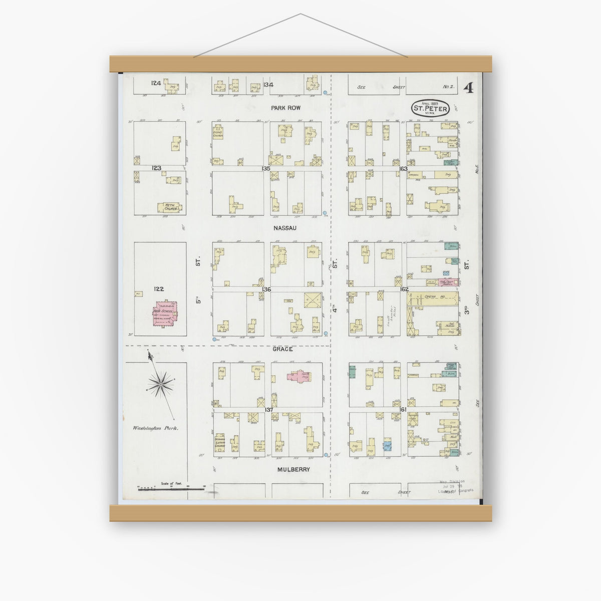 Old map wall art mockup — magnetic wood frame on white wall — Sanborn Fire Insurance Map from Saint Peter, Nicollet County, Minnesota (1889), Sheet #0004