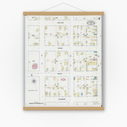Old map wall art mockup — magnetic wood frame on white wall — Sanborn Fire Insurance Map from Saint Peter, Nicollet County, Minnesota (1889), Sheet #0004