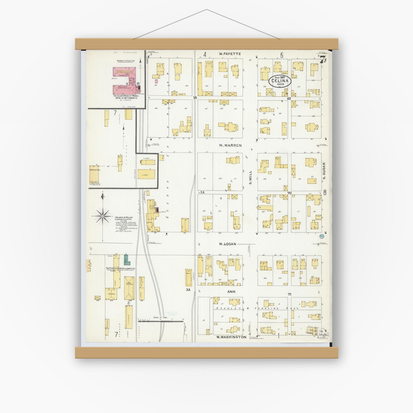 Old map wall art mockup — magnetic wood frame on white wall — Sanborn Fire Insurance Map from Celina, Mercer County, Ohio (1907), Sheet #0007