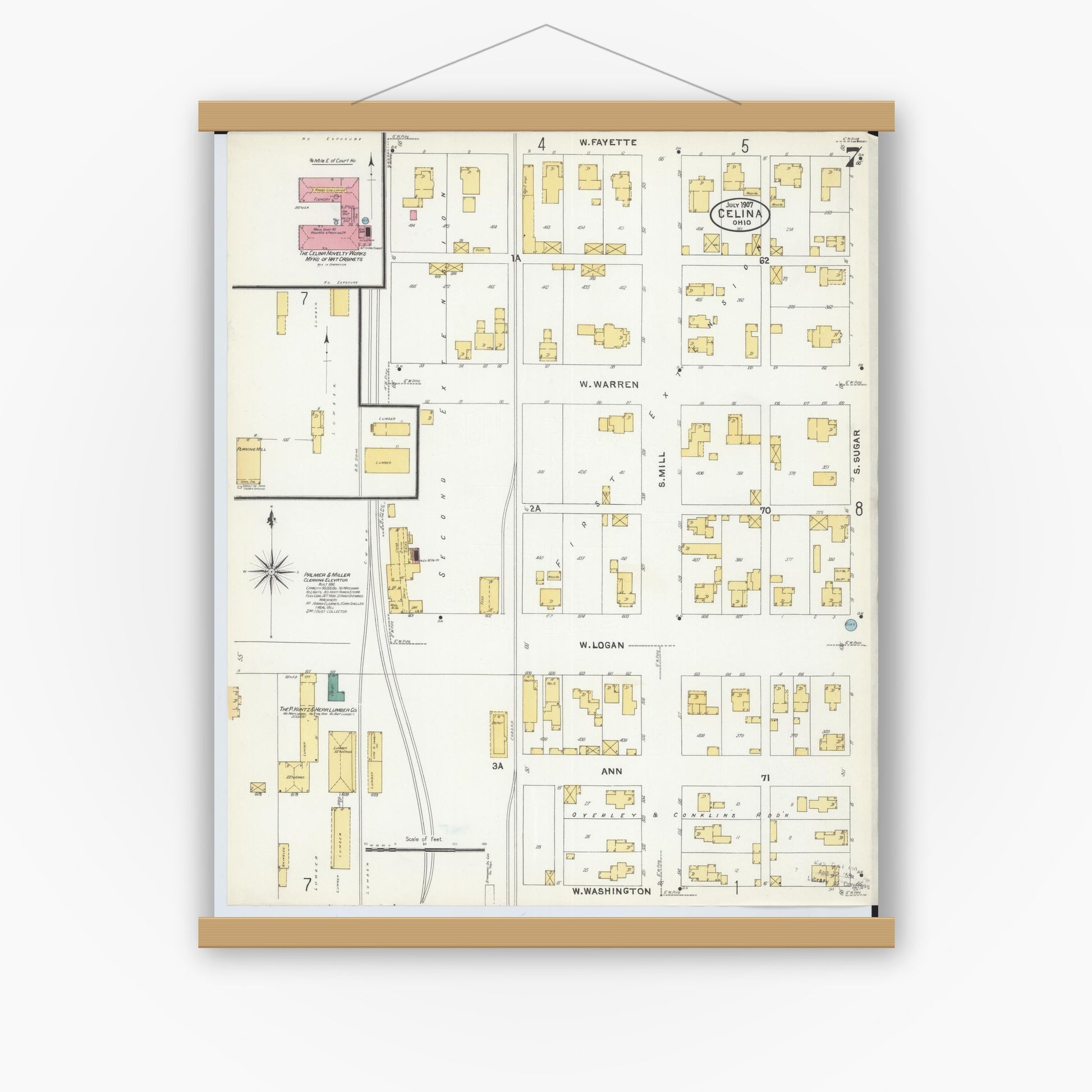 Old map wall art mockup — magnetic wood frame on white wall — Sanborn Fire Insurance Map from Celina, Mercer County, Ohio (1907), Sheet #0007