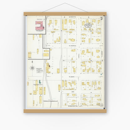 Old map wall art mockup — magnetic wood frame on white wall — Sanborn Fire Insurance Map from Celina, Mercer County, Ohio (1907), Sheet #0007