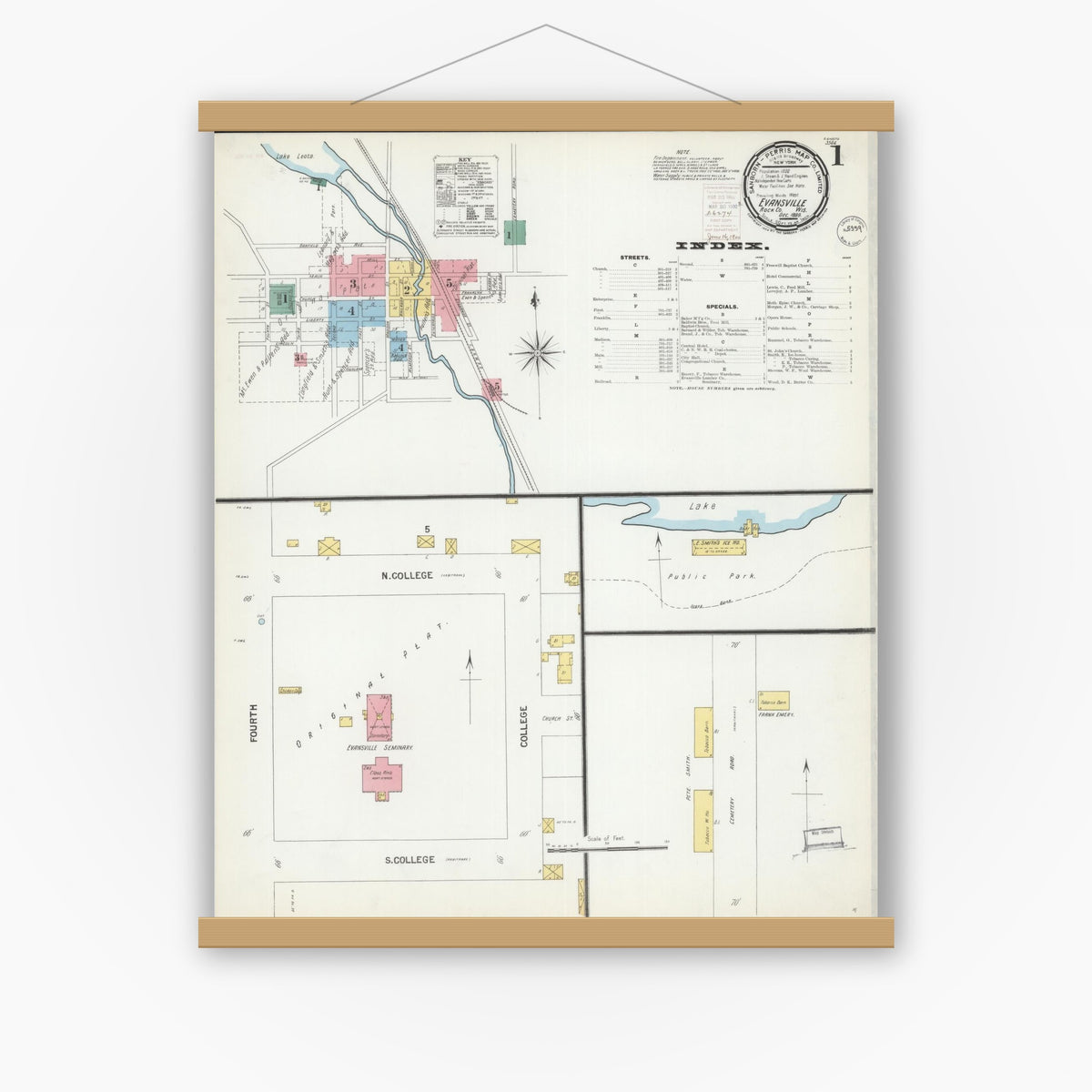 Old map wall art mockup — magnetic wood frame on white wall — Sanborn Fire Insurance Map from Evansville, Rock County, Wisconsin (1899), Sheet #0001
