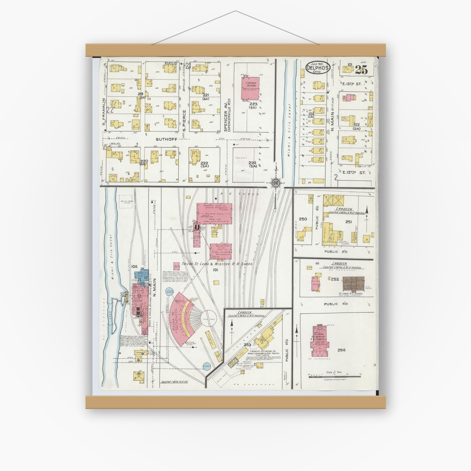Old map wall art mockup — magnetic wood frame on white wall — Sanborn Fire Insurance Map from Delphos, Van Wert And Allen Counties, Ohio (1921), Sheet #0025
