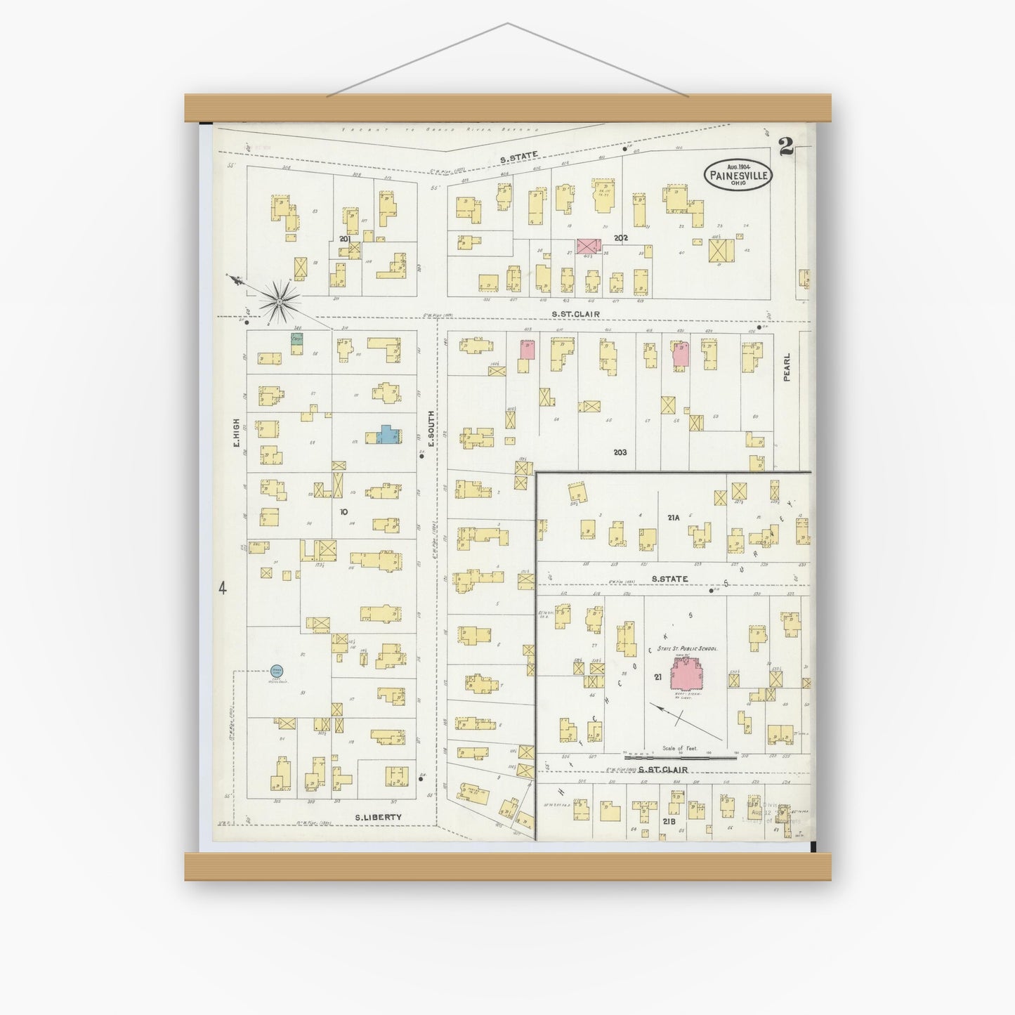 Old map wall art mockup — magnetic wood frame on white wall — Sanborn Fire Insurance Map from Painesville, Lake County, Ohio (1904), Sheet #0002