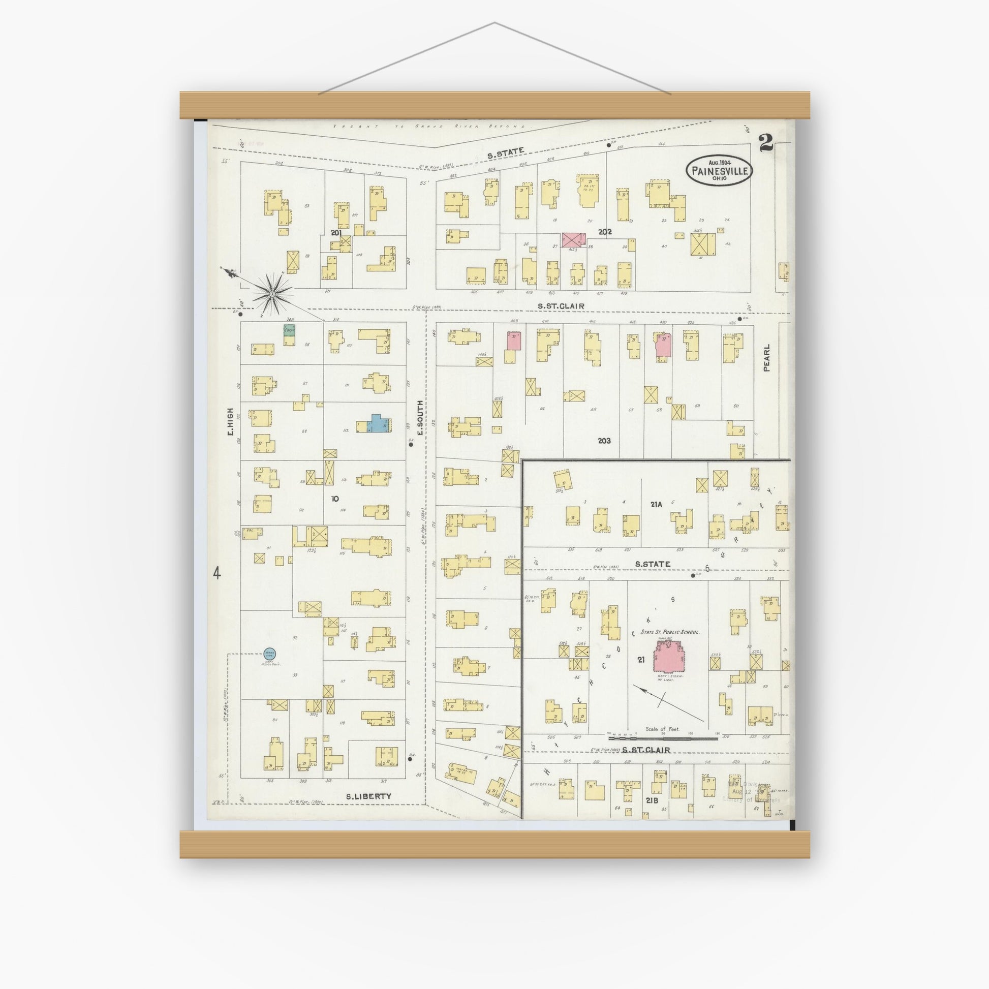 Old map wall art mockup — magnetic wood frame on white wall — Sanborn Fire Insurance Map from Painesville, Lake County, Ohio (1904), Sheet #0002