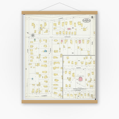 Old map wall art mockup — magnetic wood frame on white wall — Sanborn Fire Insurance Map from Painesville, Lake County, Ohio (1904), Sheet #0002