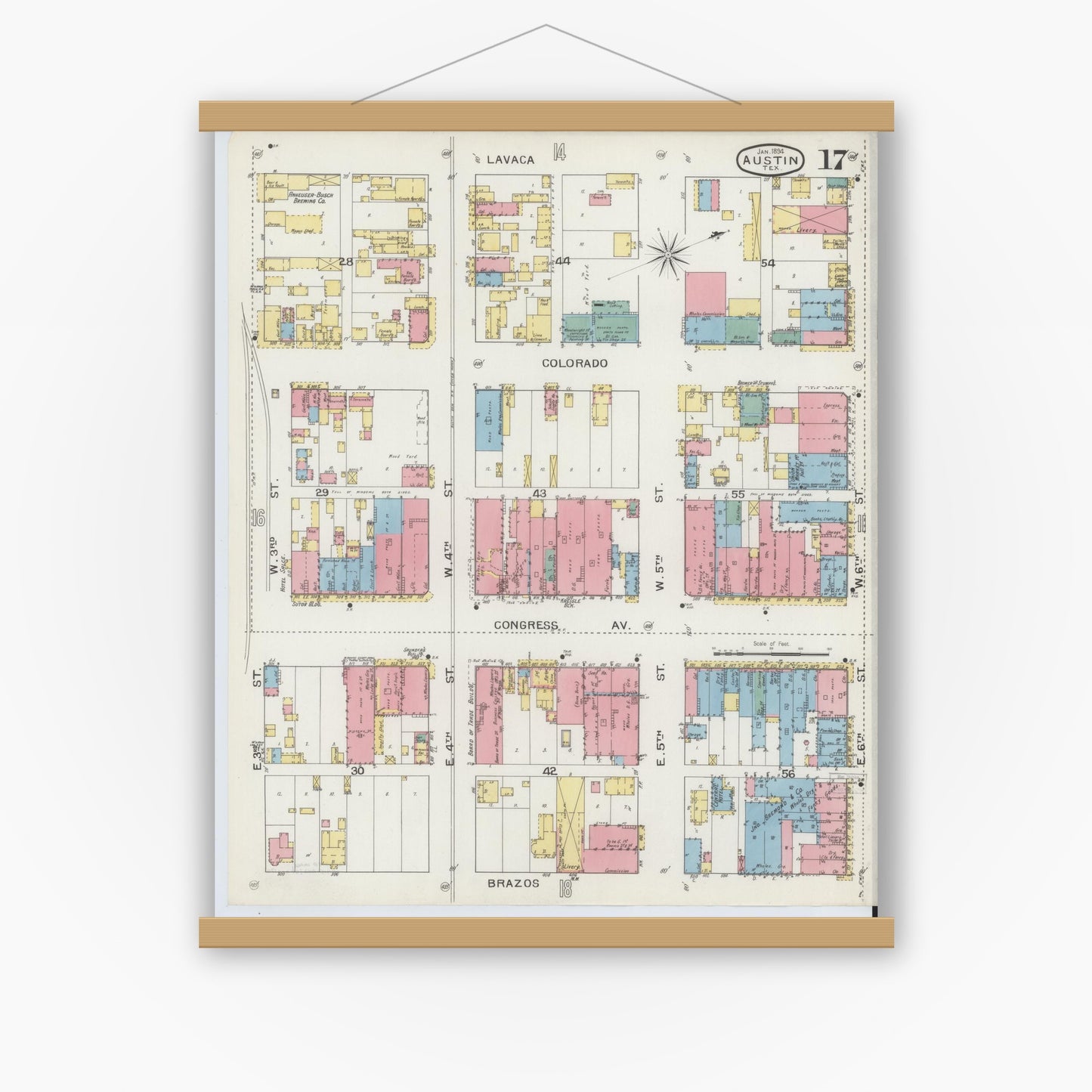 Old map wall art mockup — magnetic wood frame on white wall — Sanborn Fire Insurance Map from Austin, Travis County, Texas (1894), Sheet #0017