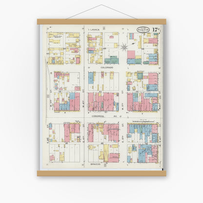 Old map wall art mockup — magnetic wood frame on white wall — Sanborn Fire Insurance Map from Austin, Travis County, Texas (1894), Sheet #0017