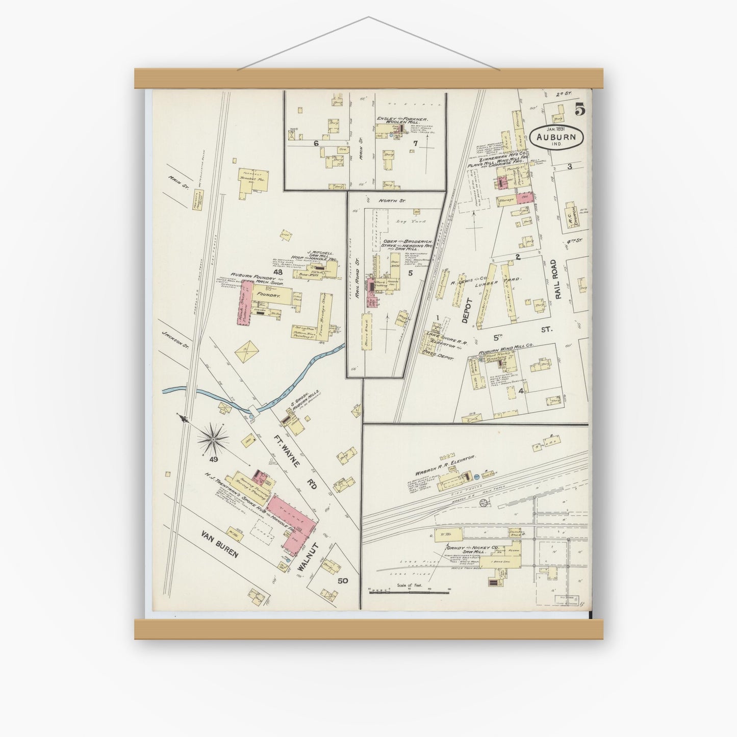 Old map wall art mockup — magnetic wood frame on white wall — Sanborn Fire Insurance Map from Auburn, De Kalb County, Indiana (1891), Sheet #0005