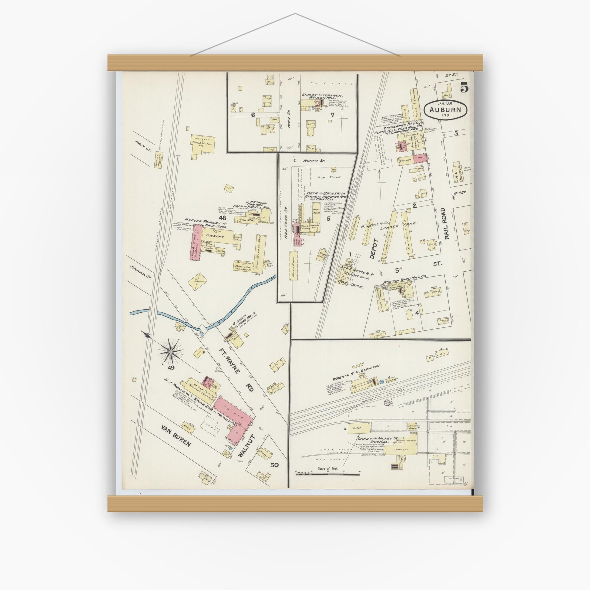 Old map wall art mockup — magnetic wood frame on white wall — Sanborn Fire Insurance Map from Auburn, De Kalb County, Indiana (1891), Sheet #0005
