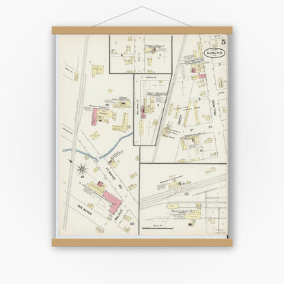 Old map wall art mockup — magnetic wood frame on white wall — Sanborn Fire Insurance Map from Auburn, De Kalb County, Indiana (1891), Sheet #0005