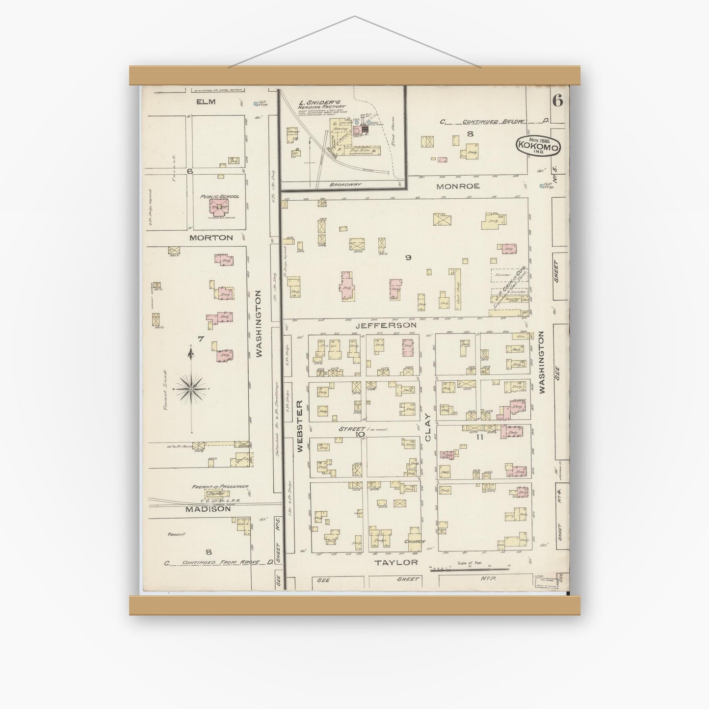 Old map wall art mockup — magnetic wood frame on white wall — Sanborn Fire Insurance Map from Kokomo, Howard County, Indiana (1885), Sheet #0006