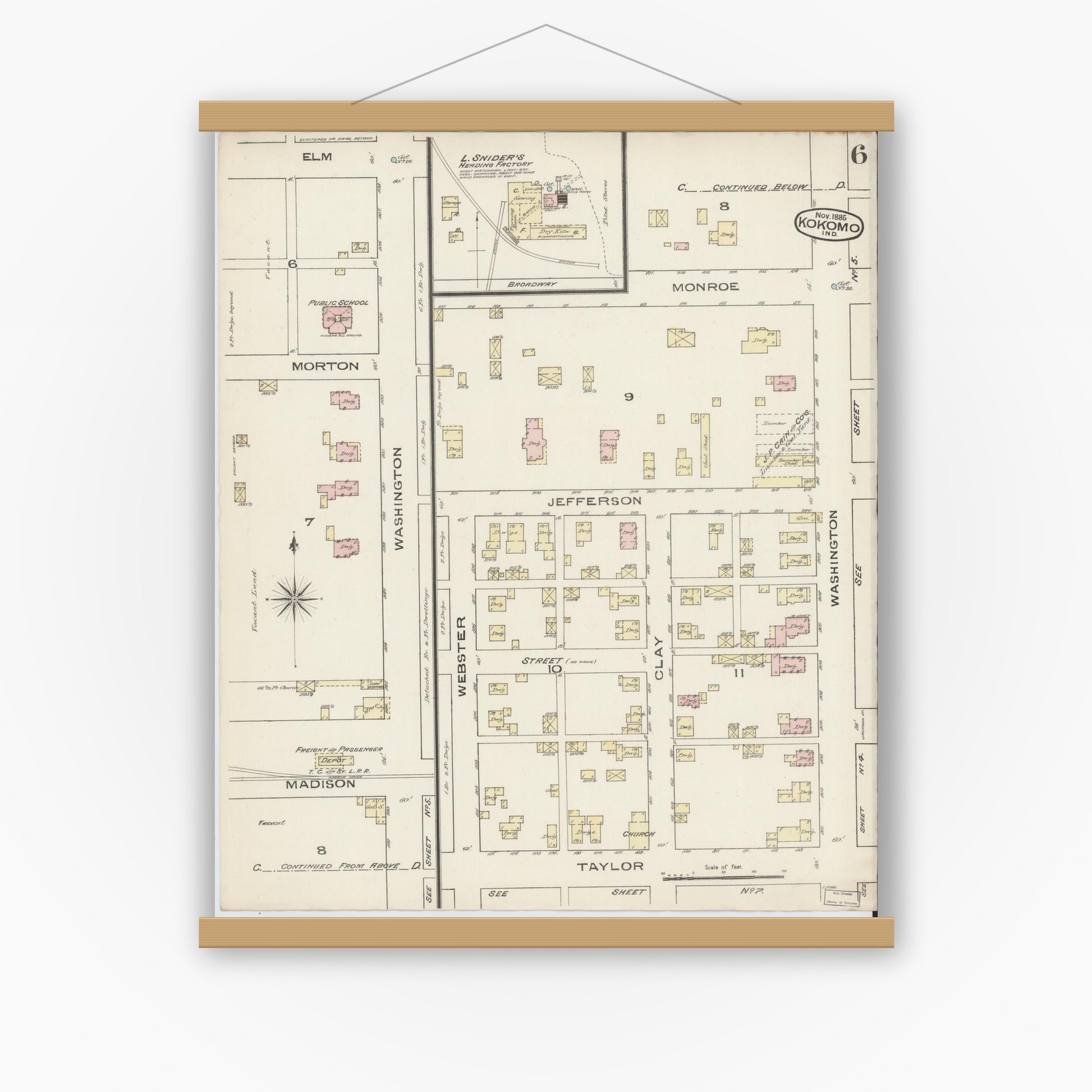 Old map wall art mockup — magnetic wood frame on white wall — Sanborn Fire Insurance Map from Kokomo, Howard County, Indiana (1885), Sheet #0006